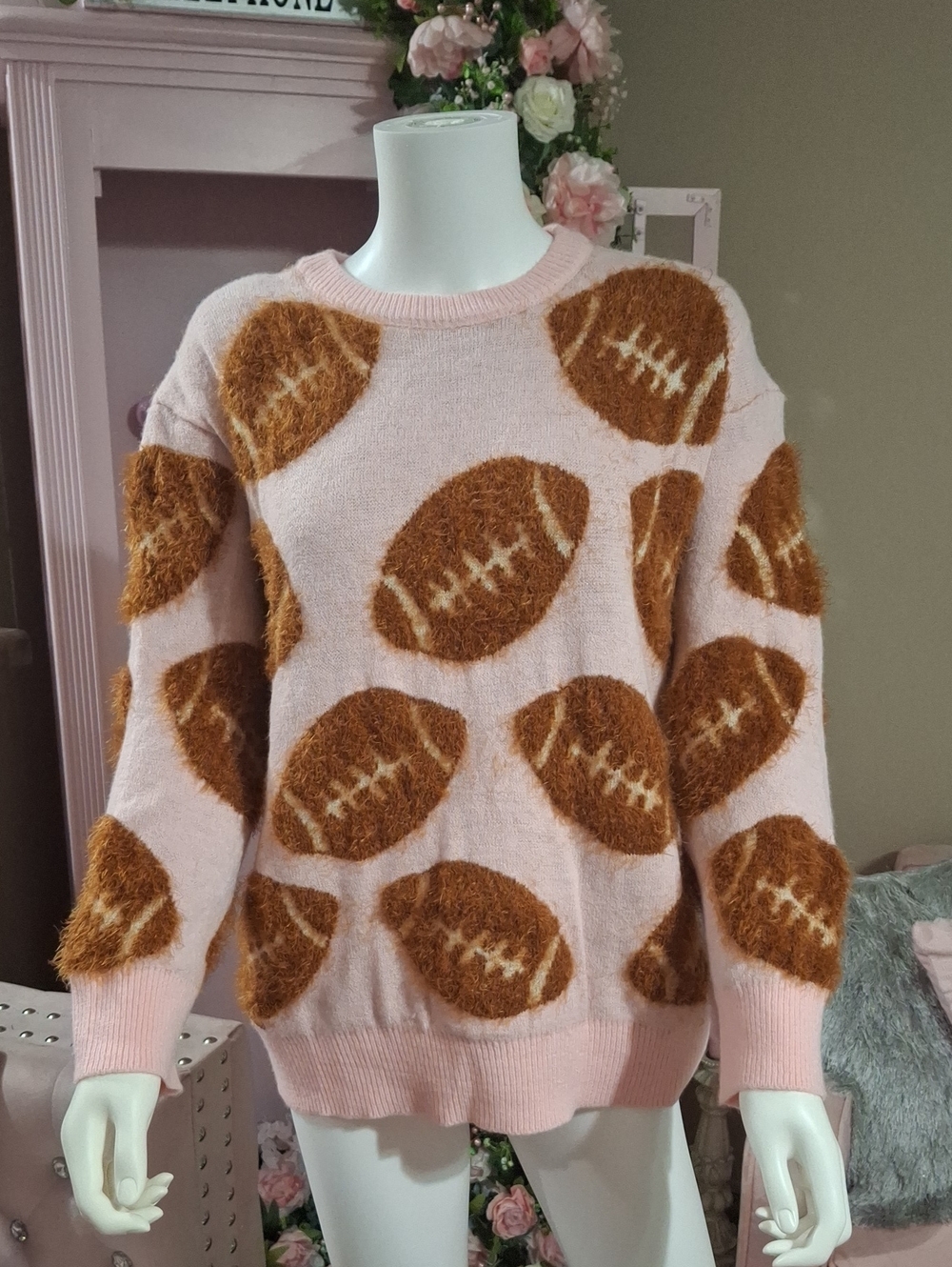 Simply Southern Pink Sweater with Brown Fuzzy Footballs